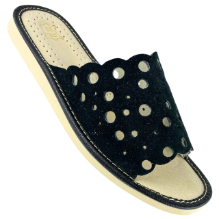 Czarne pantofle domowe damskie, skórzane kapcie dla kobiet