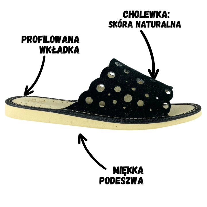 Czarne pantofle domowe damskie, skórzane kapcie dla kobiet