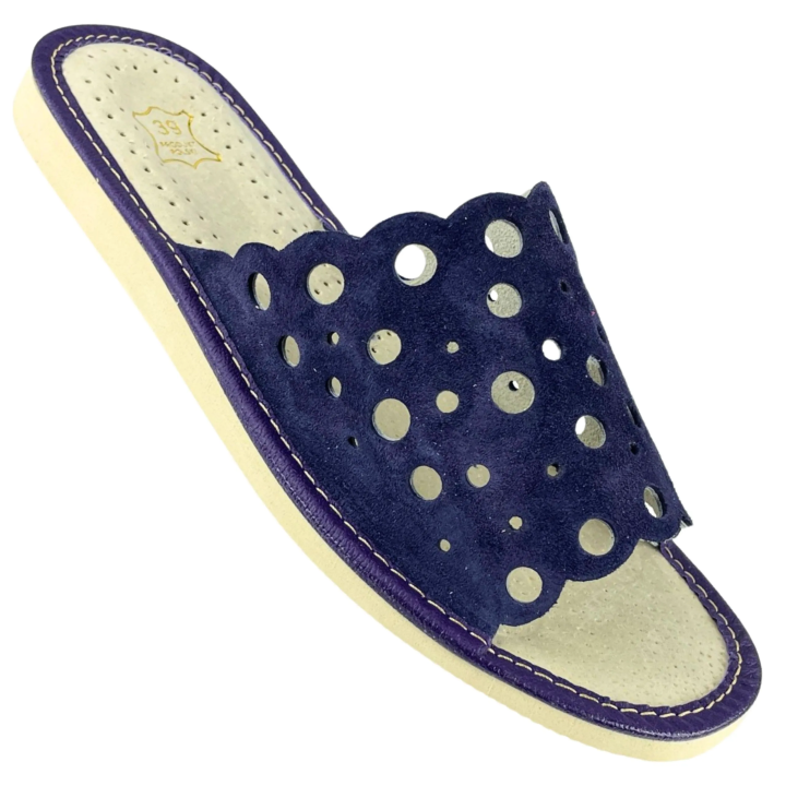 Fioletowe pantofle damskie, wygodne zamszowe kapcie skórzane damskie