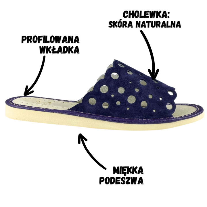 Fioletowe pantofle damskie, wygodne zamszowe kapcie skórzane damskie