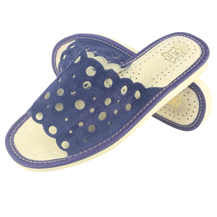 Fioletowe pantofle damskie, wygodne zamszowe kapcie skórzane damskie