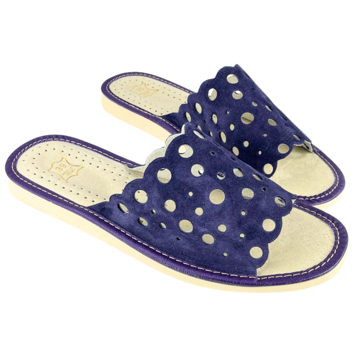 Fioletowe pantofle damskie, wygodne zamszowe kapcie skórzane damskie