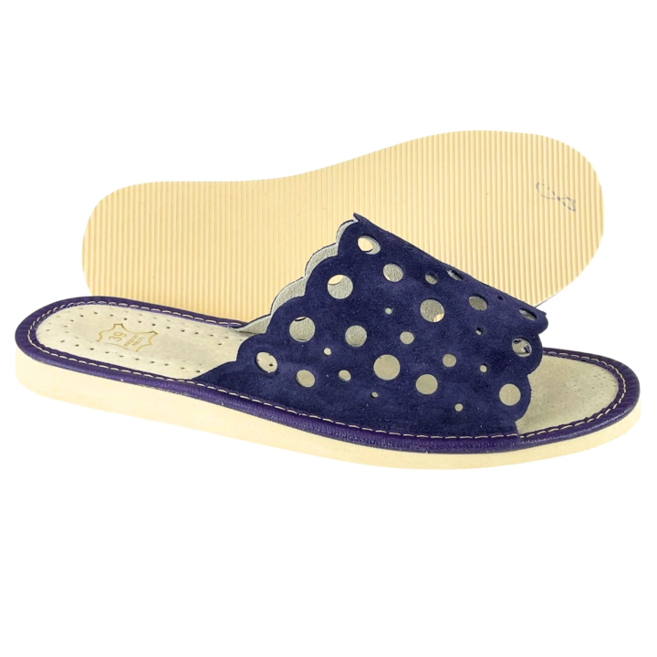 Fioletowe pantofle damskie, wygodne zamszowe kapcie skórzane damskie