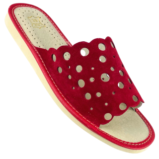 Czerwone, skórzane pantofle damskie, kapcie domowe łapcie dla Pań