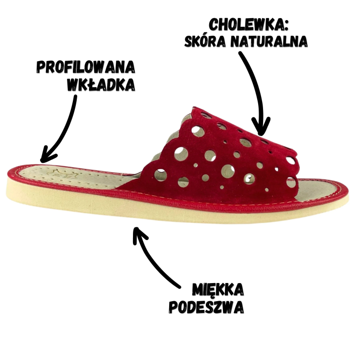 Czerwone, skórzane pantofle damskie, kapcie domowe łapcie dla Pań