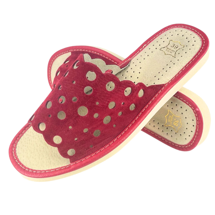 Czerwone, skórzane pantofle damskie, kapcie domowe łapcie dla Pań
