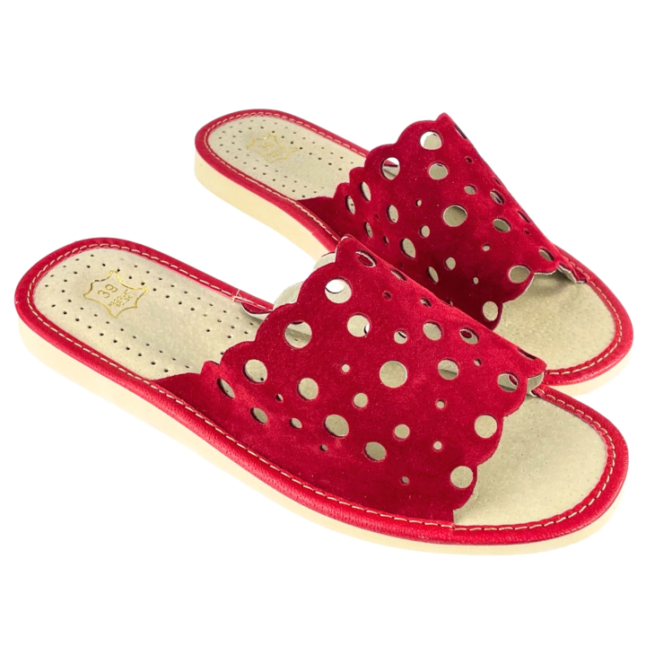 Czerwone, skórzane pantofle damskie, kapcie domowe łapcie dla Pań