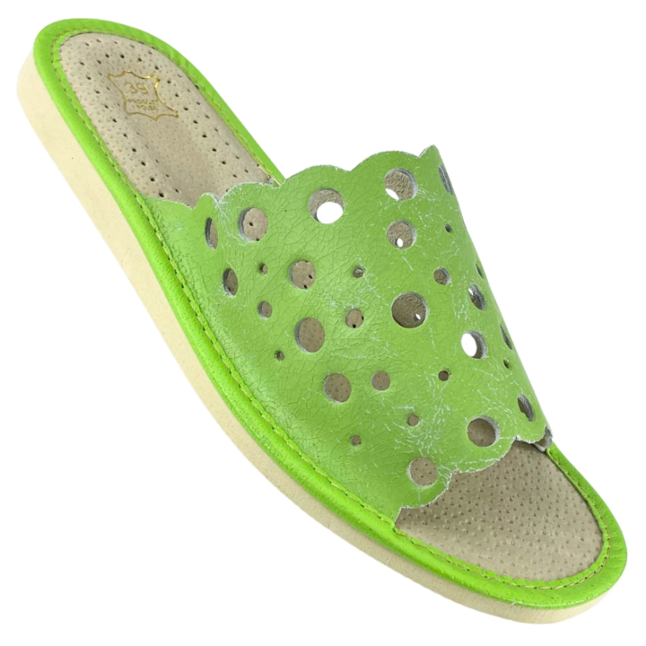 EDYCJA LIMITOWANA - Pantofle damskie skórzane w kolorze jasnej zieleni