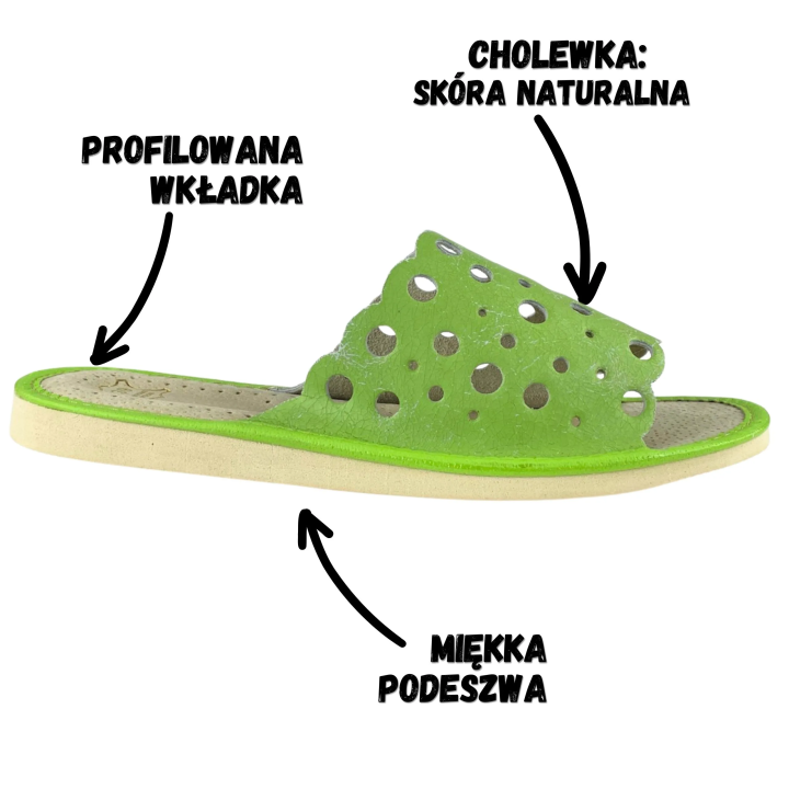 EDYCJA LIMITOWANA - Pantofle damskie skórzane w kolorze jasnej zieleni