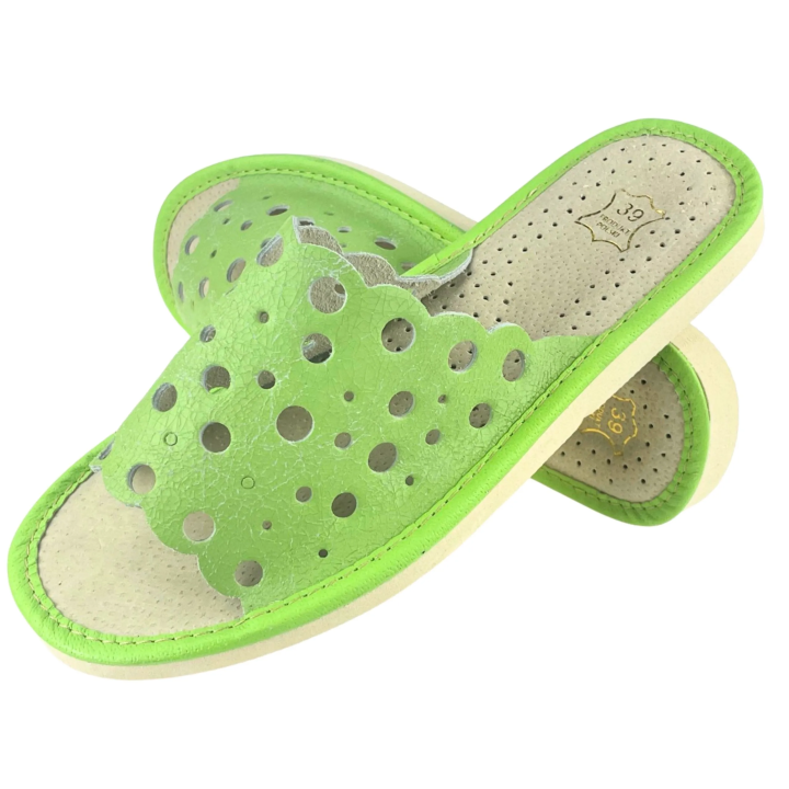 EDYCJA LIMITOWANA - Pantofle damskie skórzane w kolorze jasnej zieleni