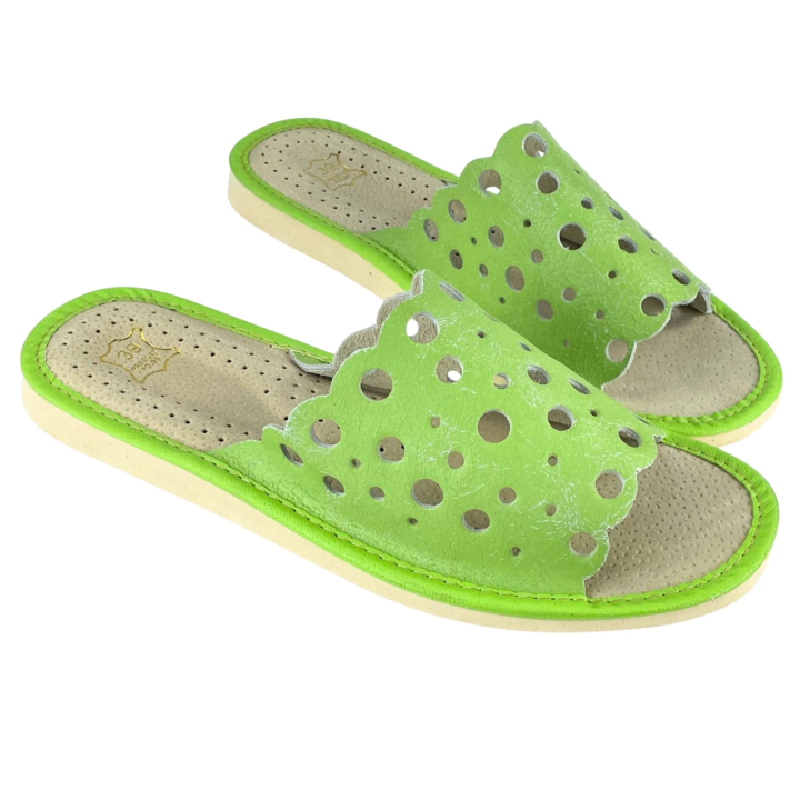 EDYCJA LIMITOWANA - Pantofle damskie skórzane w kolorze jasnej zieleni