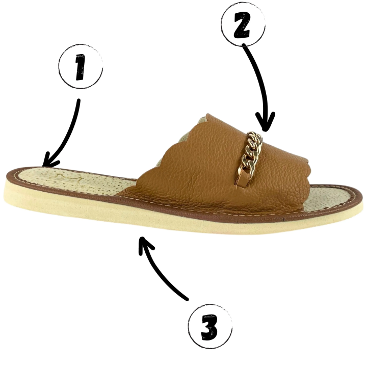 Skórzane pantofle domowe damskie, kapcie domowe damskie ze złotym łańcuchem