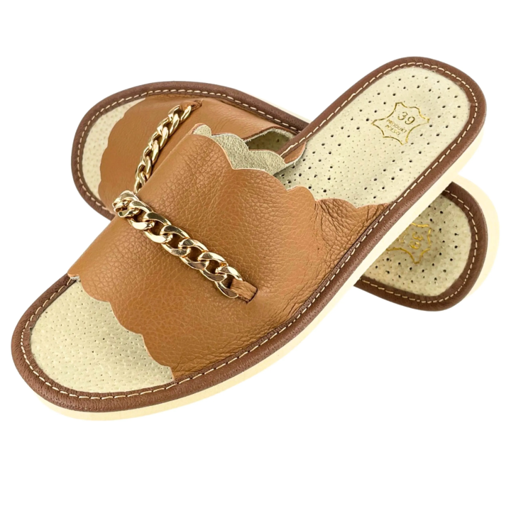 Skórzane pantofle domowe damskie, kapcie domowe damskie ze złotym łańcuchem