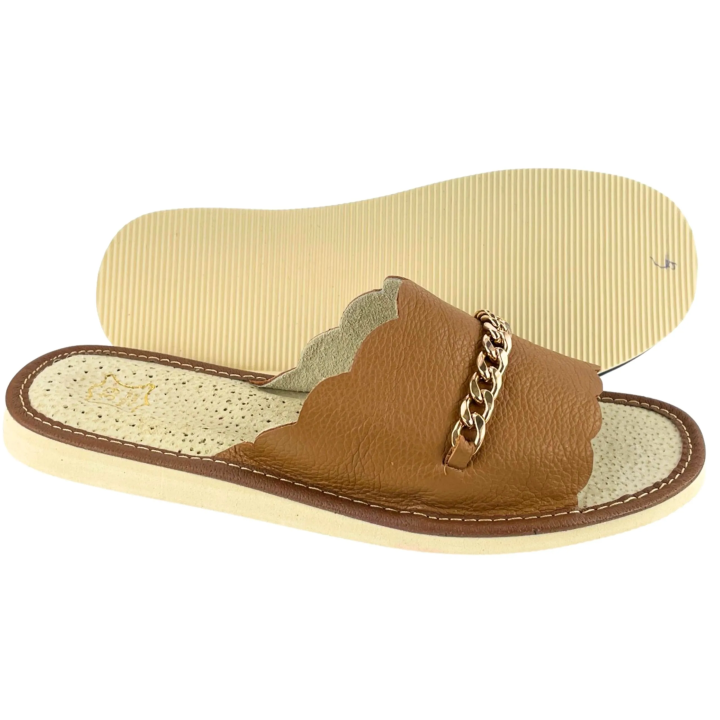 Skórzane pantofle domowe damskie, kapcie domowe damskie ze złotym łańcuchem