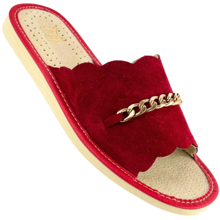 Czerwone pantofle damskie domowe, wygodne kapcie skórzane
