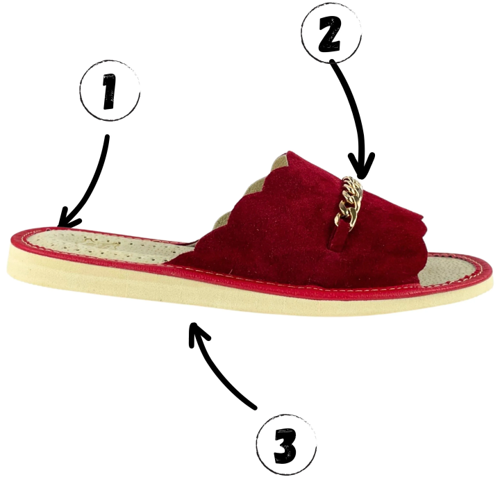 Czerwone pantofle damskie domowe, wygodne kapcie skórzane