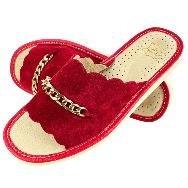 Czerwone pantofle damskie domowe, wygodne kapcie skórzane