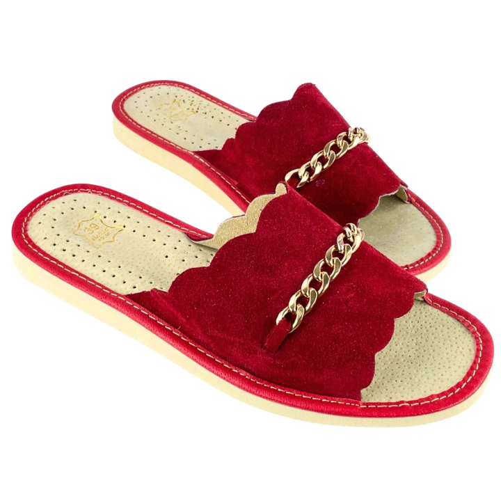 Czerwone pantofle damskie domowe, wygodne kapcie skórzane