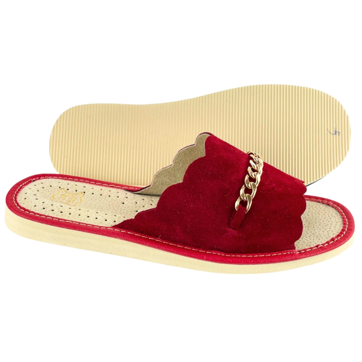 Czerwone pantofle damskie domowe, wygodne kapcie skórzane