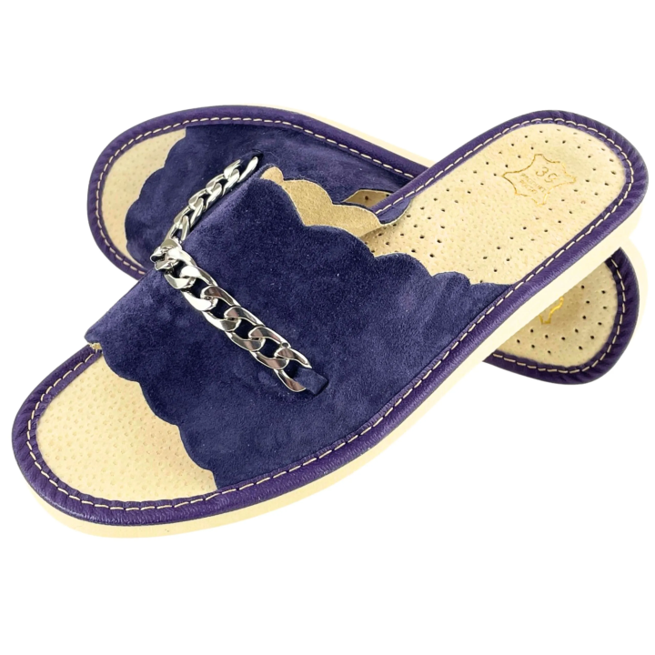 Fioletowe laczki damskie, skórzane pantofle góralskie