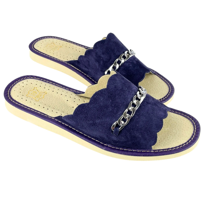 Fioletowe laczki damskie, skórzane pantofle góralskie