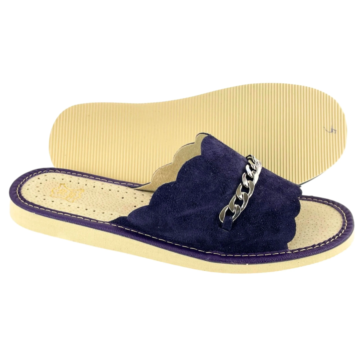 Fioletowe laczki damskie, skórzane pantofle góralskie