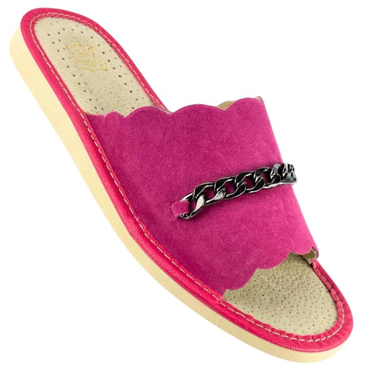 Skórkowe kapcie damskie domowe, góralskie pantofelki ze skóry