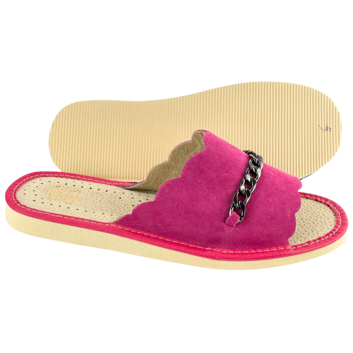 Skórkowe kapcie damskie domowe, góralskie pantofelki ze skóry