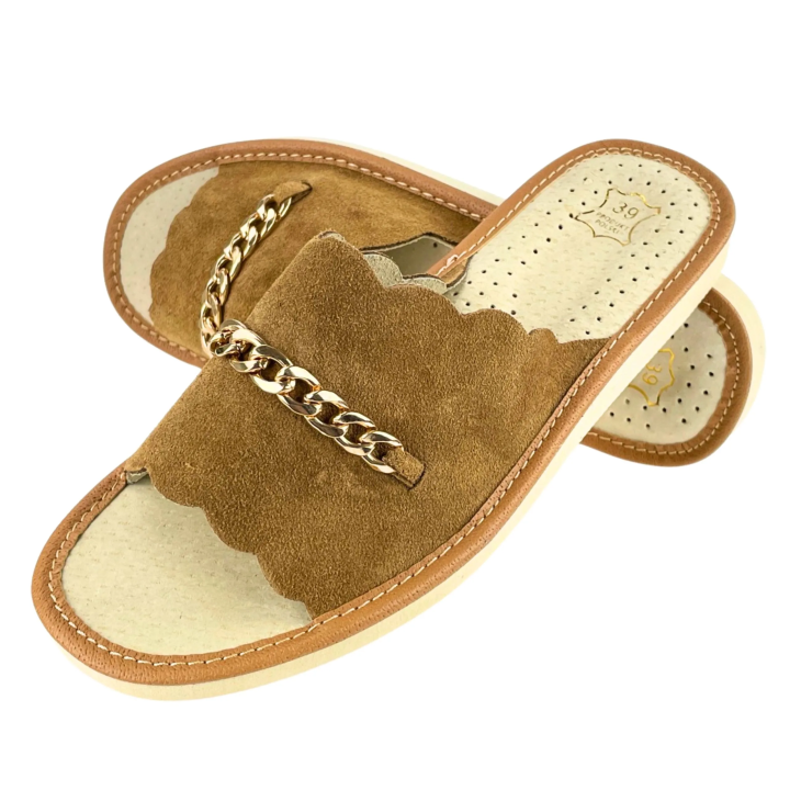 Brązowe pantofle damskie ze skóry naturalnej