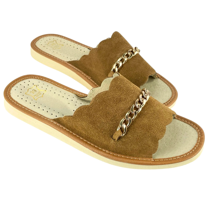 Brązowe pantofle damskie ze skóry naturalnej