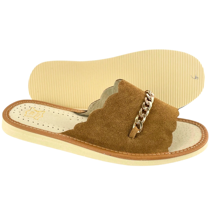 Brązowe pantofle damskie ze skóry naturalnej