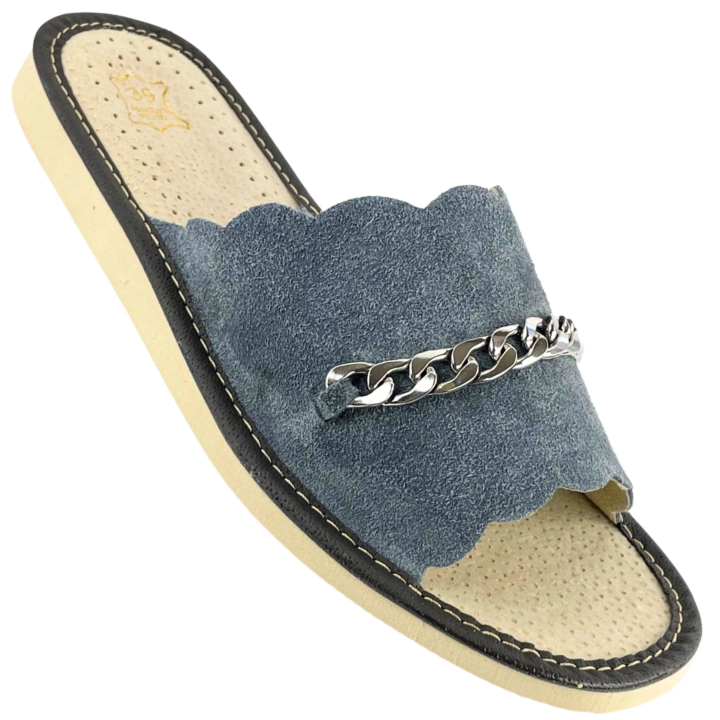 Skórzane, szare pantofle domowe damskie, skórkowe laczki domowe