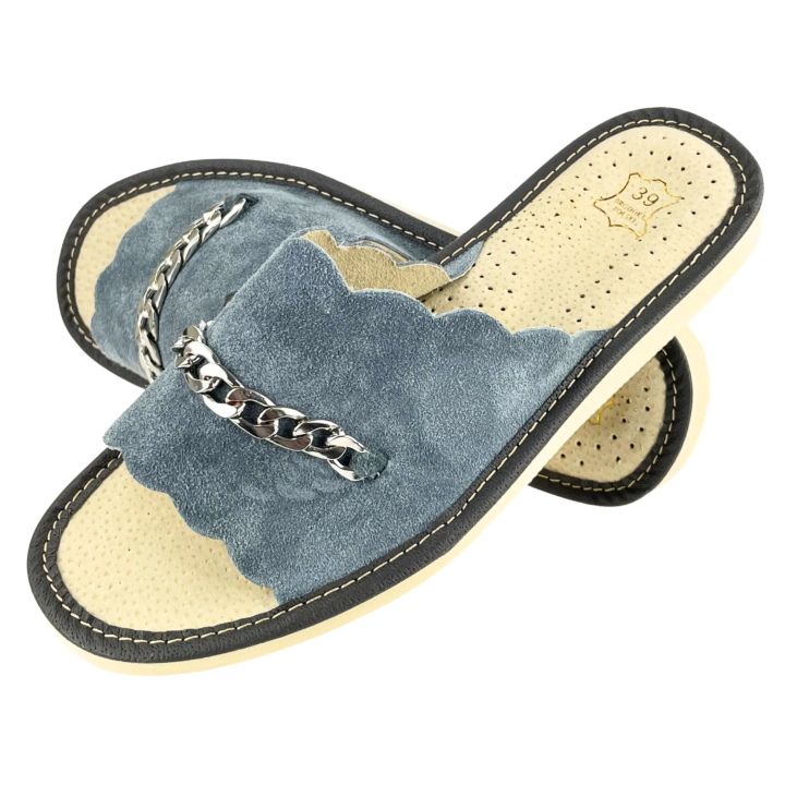 Skórzane, szare pantofle domowe damskie, skórkowe laczki domowe