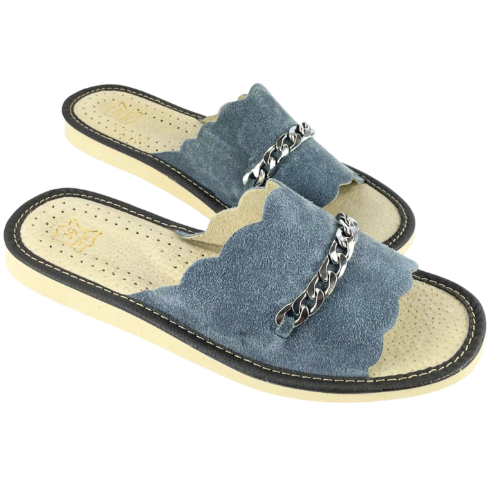 Skórzane, szare pantofle domowe damskie, skórkowe laczki domowe