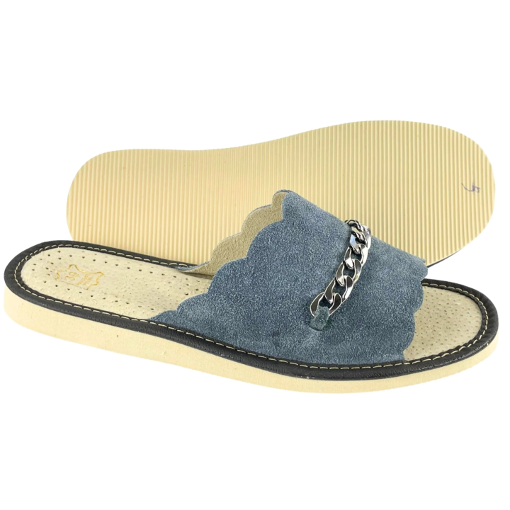 Skórzane, szare pantofle domowe damskie, skórkowe laczki domowe