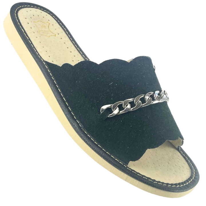 Czarne pantofle damskie ze skóry zamszowej, welurkowe kapcie domowe