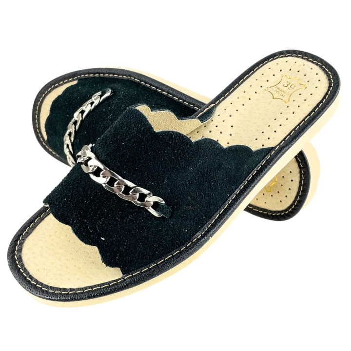 Czarne pantofle damskie ze skóry zamszowej, welurkowe kapcie domowe