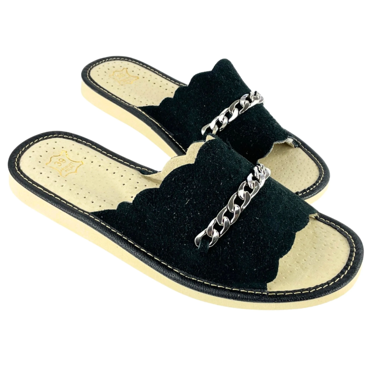 Czarne pantofle damskie ze skóry zamszowej, welurkowe kapcie domowe