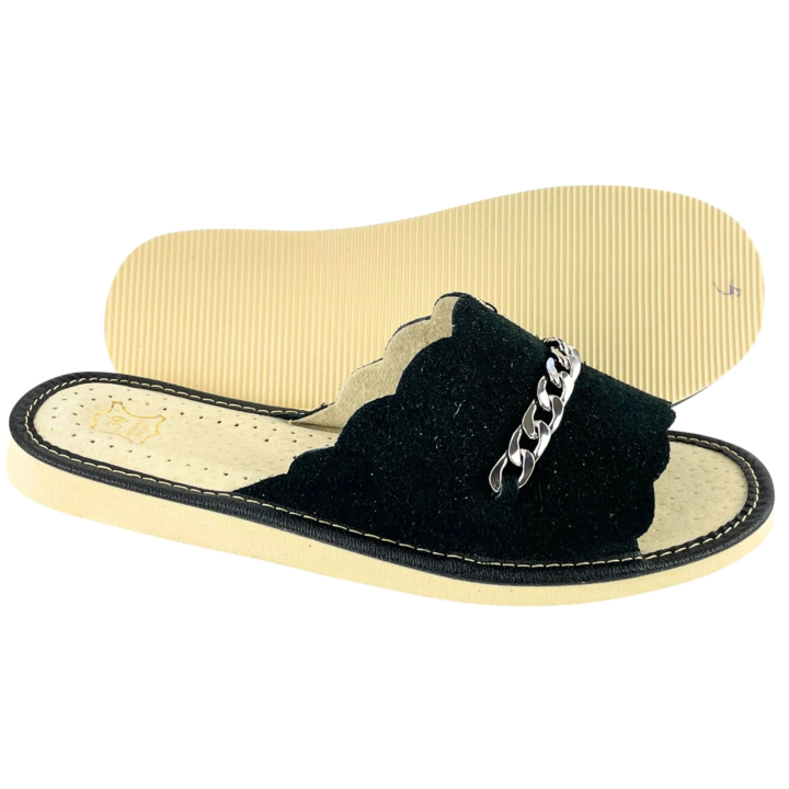 Czarne pantofle damskie ze skóry zamszowej, welurkowe kapcie domowe
