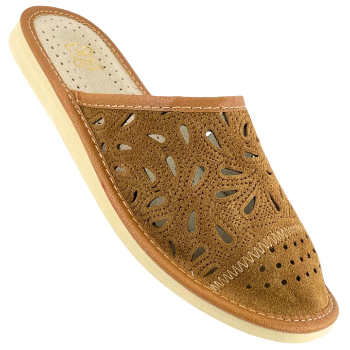 Kapcie damskie skórzane z osłoniętymi palcami, brązowe kapcie domowe