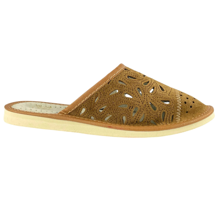 Kapcie damskie skórzane z osłoniętymi palcami, brązowe kapcie domowe