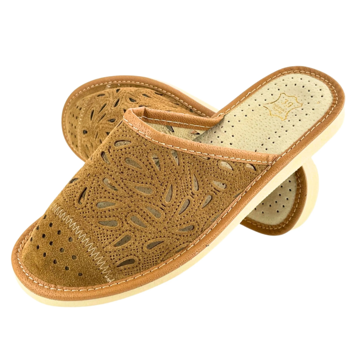 Kapcie damskie skórzane z osłoniętymi palcami, brązowe kapcie domowe