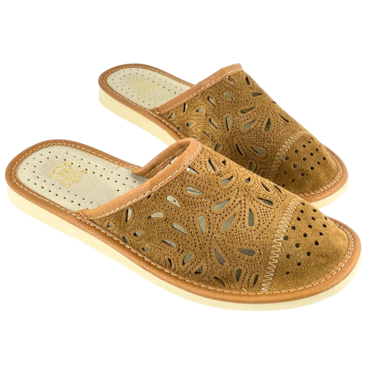 Kapcie damskie skórzane z osłoniętymi palcami, brązowe kapcie domowe