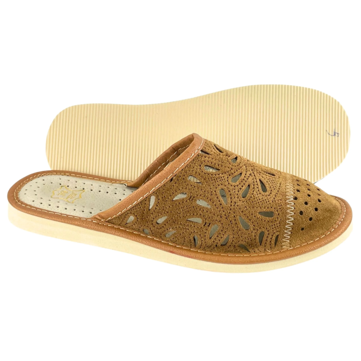 Kapcie damskie skórzane z osłoniętymi palcami, brązowe kapcie domowe