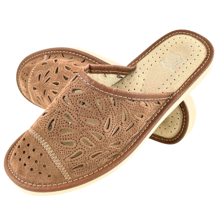 Kryte kapcie damskie skórzane, pantofle domowe ze skóry naturalnej, stylowe kapcie damskie