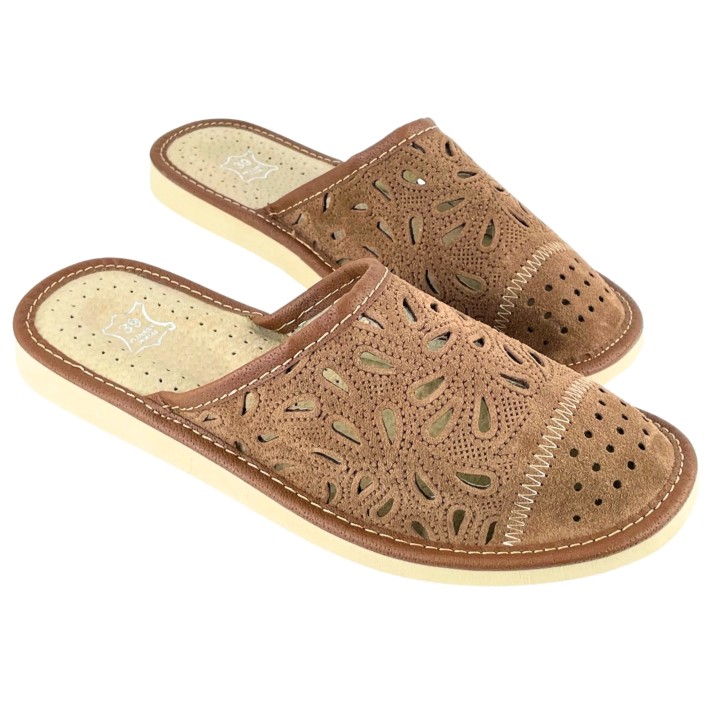 Kryte kapcie damskie skórzane, pantofle domowe ze skóry naturalnej, stylowe kapcie damskie