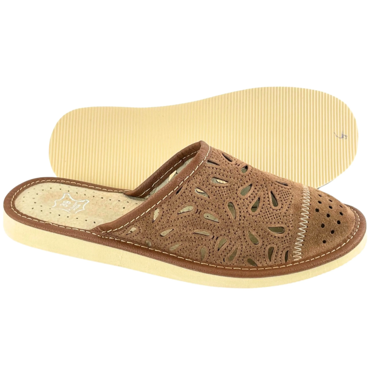 Kryte kapcie damskie skórzane, pantofle domowe ze skóry naturalnej, stylowe kapcie damskie