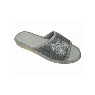 Odkryte kapcie filcowe ze skórzaną wkładką i białym haftowanym kwiatkiem