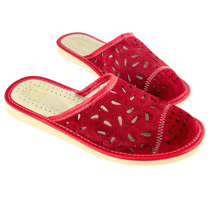 Czerwone laczki damskie skórkowe, pantofle damskie domowe dla Pań - numer 422