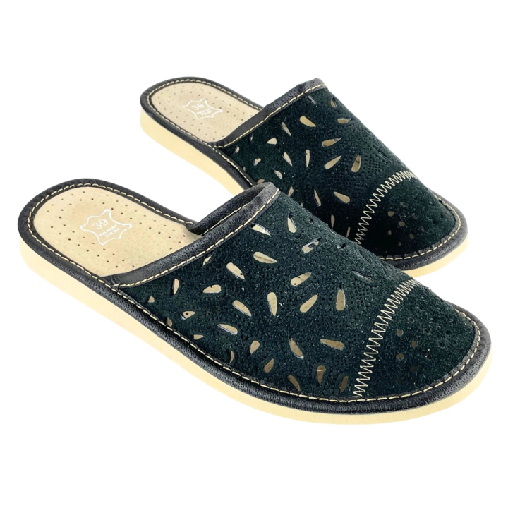 Czarne ciapetki domowe skórzane, kapcie damskie skórkowe